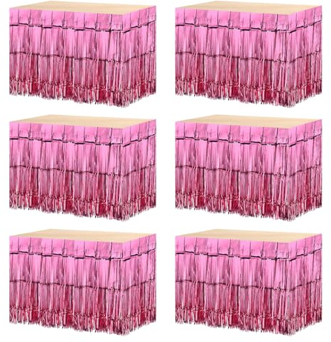 sourcing map Lametta-Tischröcke aus Metallfolie, 6 Stück, 73 x 274 cm, rosa Metallic-Folie, Fransen-Lametta-Hintergrund, Vorhang für Hochzeit, Geburtstag, Party-Dekoration