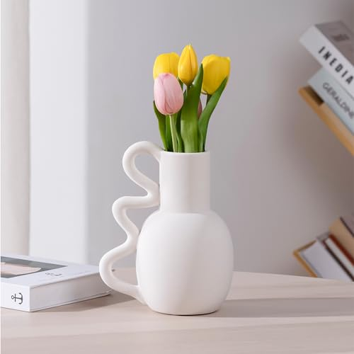 Navaris Jarron Color Blanco - Florero Minimalista de Cerámica con Asa Ondulada - Jarrones Decorativos Modernos para Hogar - Jarrón con Mango Curvado - 19 x 11 x 15,5 cm