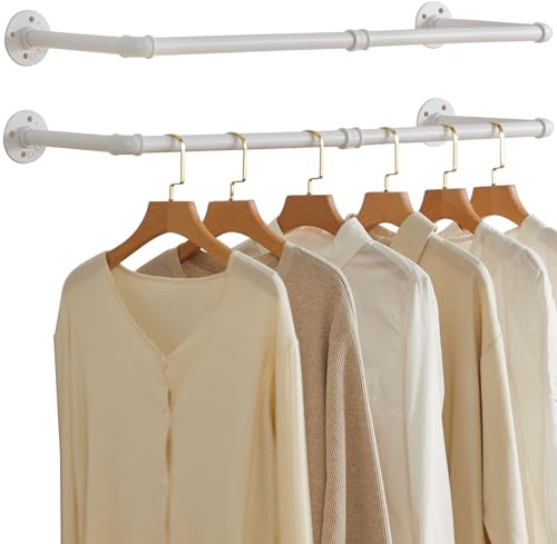 IBUYKE Tringle à Vêtement Mural 94cm, Lot de 2, Métal Portant à Vêtements Murale Industriel, Capacité de Charge de 50kg, Amovible Barre de Penderie Murale pour Suspendre des Vêtements, Blanc TYJ001W-2