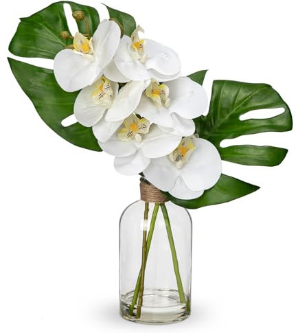 Planta Monstera artificial y orquídea falsa en jarrón de cristal, planta falsa de tacto real de 13.8 pulgadas, hojas tropicales, orquídeas, flores artificiales con agua sintética para el hogar, baño,