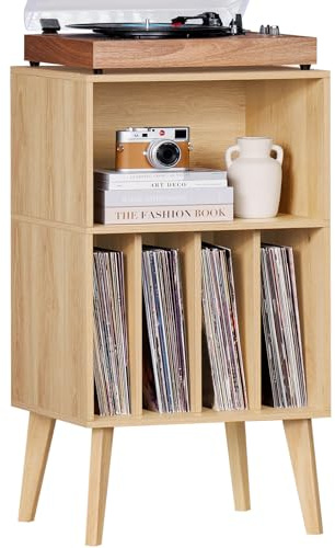 Lerliuo Record Player Stand, Burlywood Turntable Stand Holds up to 160 Albums, Mid-Century Vinyl Storage Cabinet Table with Solid Wood Legs, Record Player Holder Dispaly Shelf for Bedroom Living Room