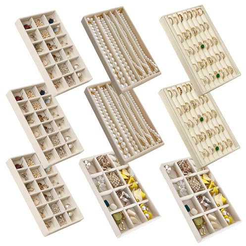 SPAKOWN Schmuck-Organizer für Schublade, verstellbares Samt-Schmucktablett, stapelbar, Halsketten-Organizer, Ohrringhalter, Organizer, Ringablage, Schmuckaufbewahrung, Schubladeneinsätze, 9 Stück,
