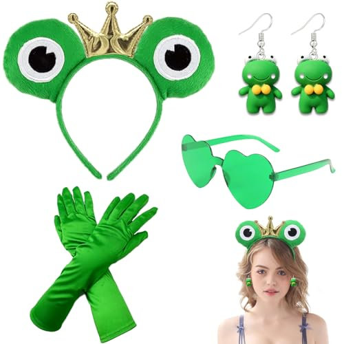 Scinzene 4 Stück Frosch Kostüm Kinder, Frosch Kostüm Erwachsene, Froschkönig, Kinder Frosch Haarreif, Frosch Haarschmuck, Handschuhe Für Frosch Kostüm Damen, Fasching Karneval Kostüm Damen