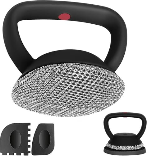 Xummi Nettoyeur de fonte, nettoyant pour poêles en fonte + 2 grattoirs pour barbecue + 1 tapis en acier 316, grattoir à maille de chaîne avec poignée pour poêles en fonte et poêles à frire, passe au