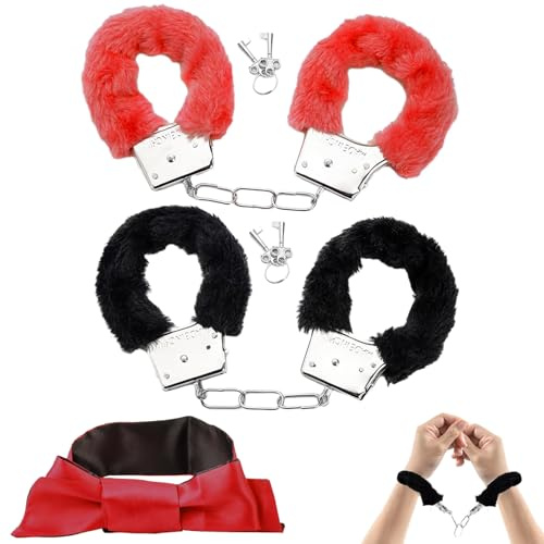 2 Paare Metall Handschellen, Plüsch Handschellen mit 4 Schlüsseln & Schlafmaske für Liebhaber Erwachsene, Partyzubehör Cosplay Kostüm für Valentinstag Handschellen Requisiten Ball Party Polizei Spiel