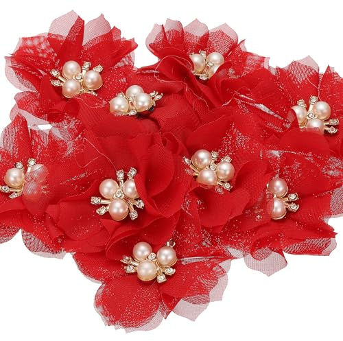 PATIKIL 10 Stück 2,36 Zoll Strass Perlen Chiffon Blume Nähen Stoff Rot | Applikationen, für DIY Handwerk Kleidung Stirnbänder Hochzeit Party Dekoration