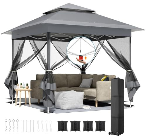 Pavillon 3,3x3,3 mit 4 Moskitonetz Seitenteilen, One Push Faltpavillon Wasserdicht Stabil, Doppeldach Partyzelt UV Schutz 50+, Gartenpavillon 4 PCS Sandsäcken, für Patio/Markt/Camping, Dunkelgrau