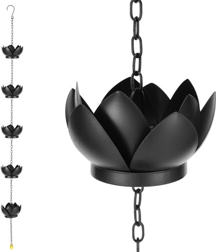 Guniata Regenkette,Dachrinnenkette Regenablaufkette mit S-Haken,Regenkette Ablaufkette,Längenverstellbar,Regenkette mit Seerosen-Imitation,für Außenbereich,Haus,Gartendekoration(schwarz)