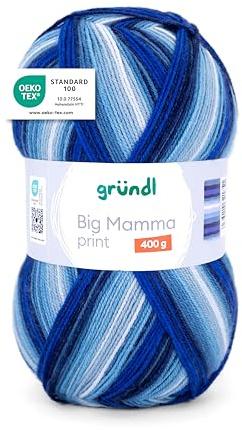 Gründl Big Mamma Print - Lana XXL para tejer - ovillo grande de 400 g / 1040 m - lana con degradado de color 100% poliacrílico - royalblau-jeans-himmelblau-weiß