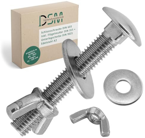 DSM – Schlossschrauben M5 x 60 mm SET DIN 603 – je 25 Stück Edelstahl A2 | inkl. M5 Flügelmuttern DIN 315 & Unterlegscheiben DIN 9021 [TrueSpec] Vollgewinde Flachrundkopfschrauben Torbandschrauben