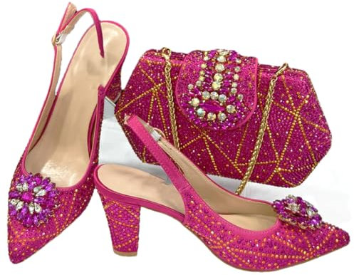 Wjnvfioo Juego de zapatos y bolso de fiesta de tacón para mujer nigeriana, con diamantes de imitación, para boda, fiesta, color fucsia 38