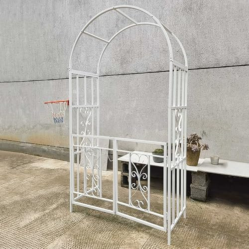 Arche de rosiers en métal avec porte,Arche Jardin pour Rosiers,Treillis en Arc pour plantes grimpantes,Arche de Entrée avec portail,H 210 cm Arche de mariage pour décoration extérieur(Blanc)