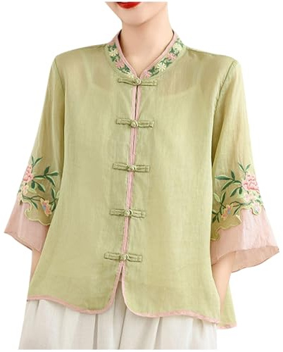 ANHATUIV Ladies Blouses Chinese Floral Embroidery Shirt 3/4 Sleeve Frog Button Mandarin Collar Cotton Linen Casual Frog Button Chinese Traditional Martial Arts Kung Fu Tai Chi Tang Suit Shirt Green