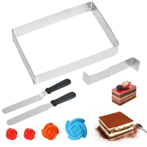 Luckwaii Stampo Rettangolare Torta Anello per Torte Regolabile, Teglia Forno Rettangolare in Acciaio Inox con Divisore 4 Stampo in Silicone a Forma di Fiori 2 Spatola Cucina per Pasticcini Fai da Te