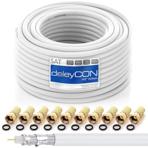 deleyCON 20m HQ+ Cavo Coassiale SAT 135dB con Schermatura Quintupla DVB-S/S2 DVB-T DVB-C BK HDTV 4K 1080p Full HD + 10 Connettori F Dorati