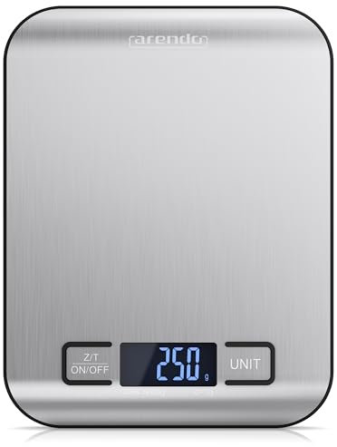 Arendo - Küchenwaage digital Edelstahl – max. 5 kg - LCD Display – Tara Zuwiegefunktion – Messgenauigkeit 1 g – Display mit LCD-Anzeige - g, lb:oz, oz, ml