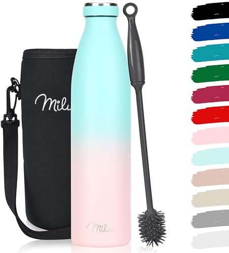 Milu Edelstahl Trinkflasche 350ml, 500ml, 750ml, 1L, 1,5L – Thermosflasche für Kinder Erwachsene auslaufsicher Isolierflasche Kohlensäure geeignet– inkl. Reinigungsbürste (Mint Pink, 1000ml)