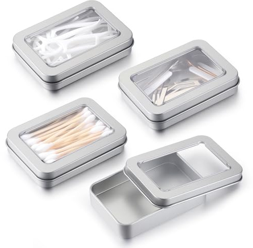 4 Pcs Cotton Swab Holder for Travel, Portable Floss Picks Case with Transparent Window, Small Metal Storage Box with Dustproof Lid, Flosses Pick Holder Boxes for Travel, Cotton Swabs Hair Ties Floss