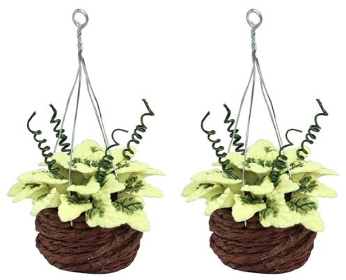Durlo 2Pcs 1/12 Scale Dolls House Miniature Hanging Basket Plants Light Green Mini Indoor Outdoor Decor Simulation Potted Plant