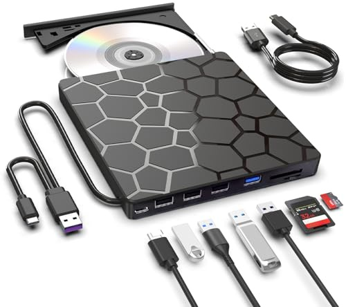 JKNJX External DVD Drive,USB 3.0 and Type-C CD Burner Player USB 3.0 with 4 USB Ports and 2 TF/SD Card Slots,Portable Slim Optical Disk Drive for Laptop Mac PC Windows Linux OS