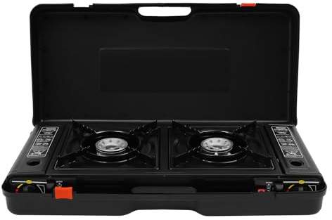 Réchaud de camping à 2 brûleurs 2500 W - Cuisinière à gaz portable - Valve de protection contre la surpression intégrée - Allumage piézoélectrique - Avec plaque de cuisson et sac portable - Pour