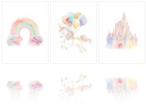Joalpysm 3er Set Einhorn Bilder Kinderzimmer Deko, Canvas Wandbilder mit Regenbogen und Burg Motiv, Mädchen Zimmer Deko, Poster Kinderzimmer Mädchen, Einhorn Geschenke für Mädchen, 30×40cm