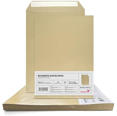 Netuno 25 Kuvert A4 Braun DIN C4 ohne Fenster haftklebend 90g Papier | 22,9 x 32,4 cm · große braune Geschäftsumschläge · für Großbrief, Maxibrief, Warensendung, Büro, Versand