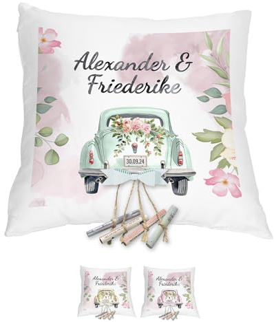 Personalisierbares Kissen als Geldgeschenk Hochzeit | Originelle Hochzeitsgeschenke für das Brautpaar | 40x40cm Hochzeitskissen mit Füllung | Motiv mit Hochzeitsauto Aquarell Wasserfarben