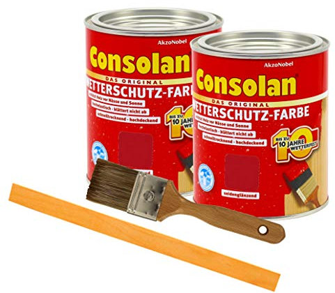 Consolan Wetterschutzfarbe deckend / 2x 0,75L / Holzschutzfarbe Holzfarbe bis zu 10 Jahre wetterbeständig für Holz und Zink Außen inkl. Pinsel & Rührstab (rot 211)