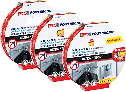 tesa Powerbond Ultra Strong Montageband/Doppelseitiges Klebeband für eine besonders starke und dauerhafte Befestigung ohne Bohren (3 Rollen / 5m:19mm)