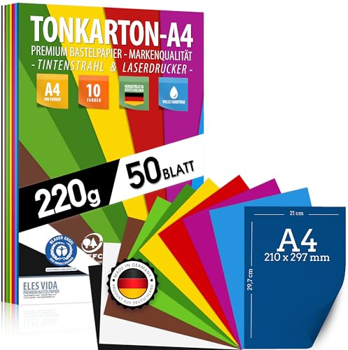 CARTULINA A4 50 hojas - 220 g/m² de grosor - Juego de 10 colores de colores - cartón cartón, hojas de colores para la escuela, hobby - hojas para niños y bricolaje - DESDE ALEMANIA