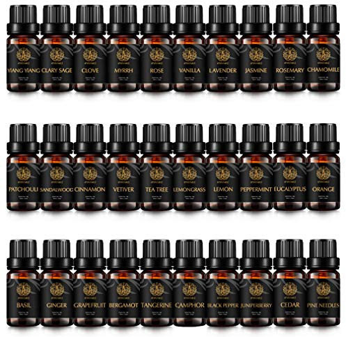 100% Pur Clary Sage Huile Essentielle Set pour Diffuseur, 30x10ml aromathérapie bergamote huile Set -jasmin,lavande,vanille,rose,clou de girofle,cèdre huiles essentielles...pour fabrication de bougies