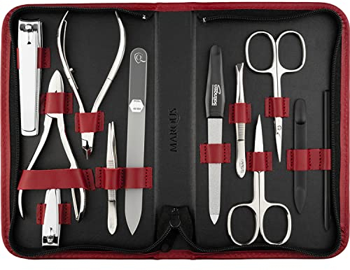 marQus Solingen Maniküre Pediküre Set - 12 Teile in Echt Leder Etui handlich und weich - Komplett Kit mit allem für die Hand- und Fußpflege, Nagelset Rot