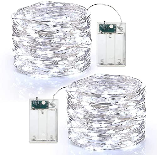 BrizLabs 2 x 60 LED Guirlande Lumineuse à Pile Guirlande Lumineuse Fil d'argent 6M Intérieur et Extérieur Décoration Lumière pour Chambre Noël Mariage Soirée Maison Jardin, Blanc Froid