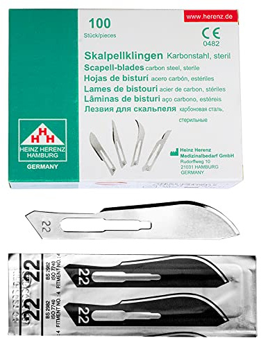 May 100x Skalpellklingen Figur 22 Karbonstahl für Halter Nr. 4 | Sterile Einwegklingen inklusive Abzieher für präzise Arbeiten in der Podologie