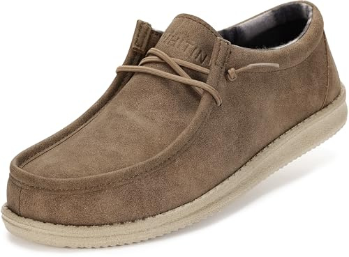 WHITIN Men's Casual Slip on Loafers Boat Shoes Suede Recycled Leather Fashion Deck Sneakers Size 12.5 Warm Winter Walking Moccasin Light Brown 46