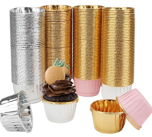 HAKZEON 200 moldes pequeños de aluminio para cupcakes, 50 x 40 mm, moldes para magdalenas, moldes para hornear a prueba de grasa en 4 colores para hornear, postres en fiestas, bodas, cumpleaños