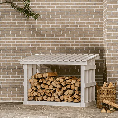 FIRBNUS Kaminholzständer Weiß 108 x 64,5 x 77 cm aus massivem Kiefernholz Garden Shed Möbel für den Außenbereich Holz für den Außenbereich Kaminholzregal Kaminholzregal Firewood Rack