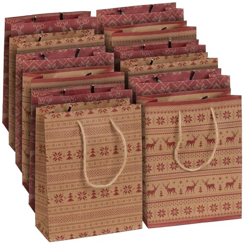 infactory Geschenktaschen: 12er-Set Kraftpapier-Geschenktüten m. weihnachtlichem Motiv, 23x18x8cm (Weihnachtstüten, Geschenkverpackung Weihnachten, Adventskalender)