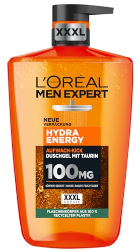 L'Oréal Men Expert XXXL Duschgel und Shampoo für Männer, Duschbad zur Reinigung von Körper, Haar und Gesicht, Herren Körperpflege für langanhaltende Frische mit Taurin, Hydra Energy, 1 x 1000 ml