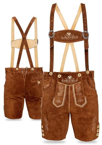 STEIGENHÖFER Pantalon en Cuir Traditionnel Allemand, Lederhose Court avec Bretelles Assorties, véritable Cuir suédé en 4 Couleurs, Tailles 46-62, Couleur: Marron Moyen, Taille: 58