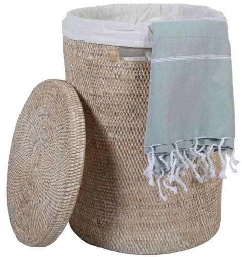 Wäschekorb Rattan Cleo Weiß Wäschsammler Aufbewahrung Wäschebox rund mit Deckel und Innensack Ø40 cm x Höhe 60 cm Größe XL