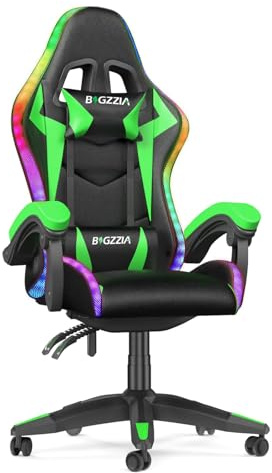 Bigzzia Gaming Stuhl, Ergonomisch Gaming Chair mit LED, Gaming Sessel Grün | Gaming Sessel mit RGB-Licht, PC-Stuhl mit verstellbarer Lendenwirbelstütze, aus PU-Leder, Computerstuhl für Jugendliche