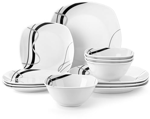 VEWEET Serie FIONA 12-teiliges Porzellan Geschirrset für 4-12 Personen, Weiß mit schwarzen Linien, Tafelservice mit 4 Speiseteller, 4 Dessertteller und 4 Müslischalen (Schüssel- und Teller Set)