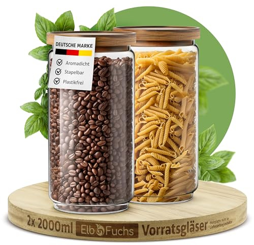 ElbFuchs® Bocaux en verre hermétiques 2x 2000 ml | Sans BPA & anti-mites – Pots de conservation avec couvercle en bois | Café, farine, pâtes & riz