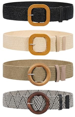 VONMELLI 4 Confezioni Di Cintura Elastica Intrecciate in Paglia per Abiti Vintage Cintura Donna Boho Alla Moda per Donna A-nero+beige+righe+kaki M