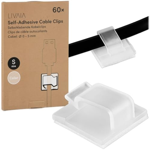 Livaia Selbstklebende Kabelclips Schwarz – Kabelhalter & Klemmen-Set für Schreibtischmanagement, Glasfaser-, Strom-, USB- & Audiokabel, Kabel-Organizer, einfach anzubringen & zu entfernen – 60 Stück