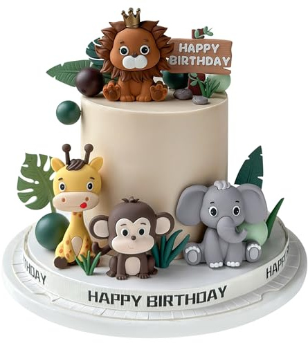 19pcs Safari Animal Cake Topper - Jungle Wild Cake Toppers with Leaves Balls Cake Decorations for Safari Animals Themed Birthday Boy Girl Baby Shower Party Decorations
