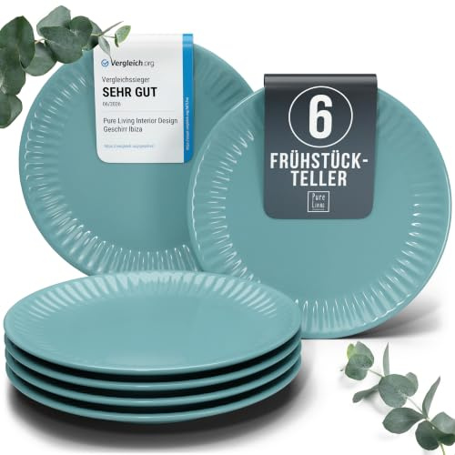 Steingut Frühstücksteller 6 Personen Hygge TESTSIEGER, Traumhaftes Skandinavisches Steingut Dessertteller Set, Kleine Teller, Salatteller - Pure Living in Petrol