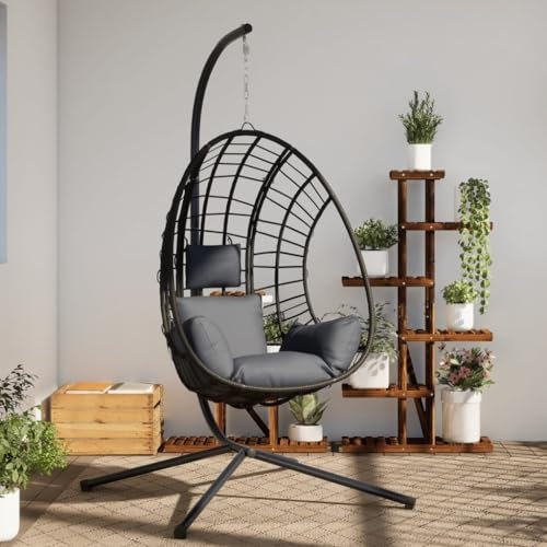 Somanki Hängesessel Ei-Design mit Ständer Anthrazit Rattan und Stahl, Garten Möbel, Hängesessel Outdoor, Jugendzimmer, Hängestuhl, Hanging Chair, Liebesschaukeln, Hängeschaukel Outdoor - 4007409